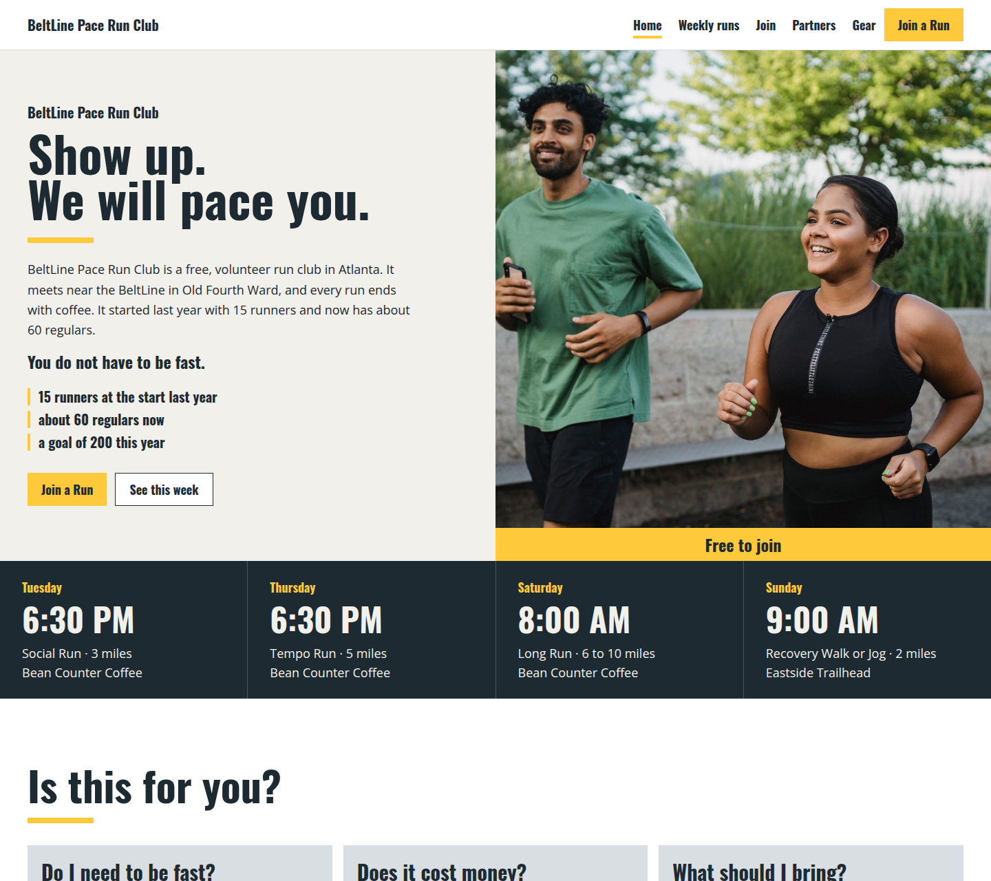 BeltLine Pace Run Club interface